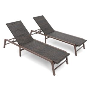 FHVIT Outdoor Chaise Lounge Set of 2, Assemble-Free Aluminum Lounge Chairs for Poolside Outside Sunbathing, Backyard Lay Flat Patio Lounge Chairs, Rattan Brown