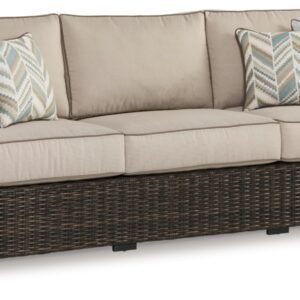 Signature Design by Ashley Coastline Bay Casual Weather Resistant Outdoor Sofa with Cushion and 4 Throw Pillows, Beige & Dark Brown