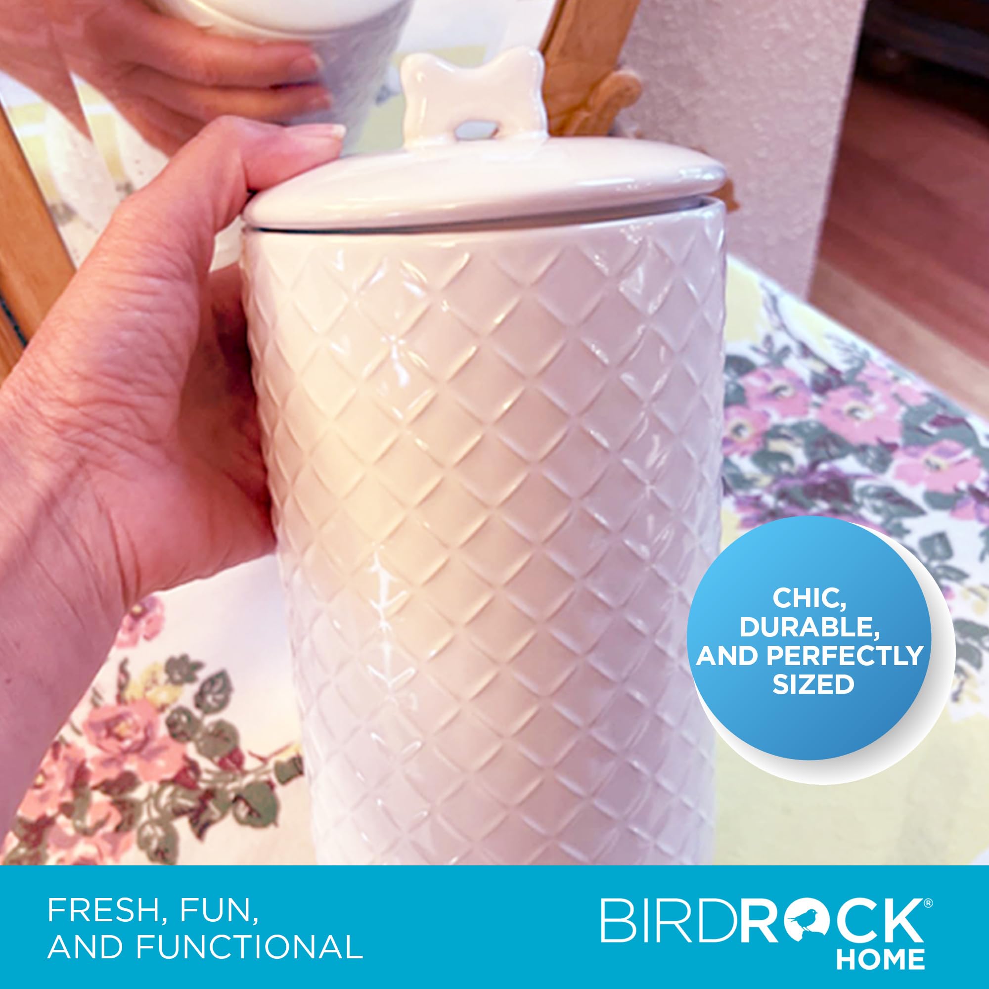 BIRDROCK HOME Large Dog Treat Container Jar | Holds 7 Cups | Durable White Ceramic Canister with Airtight Seal & Bone Handle Lid | Ideal for Kitchen Counter or Pantry Storage | Pet Food Safe | 9" x 5"