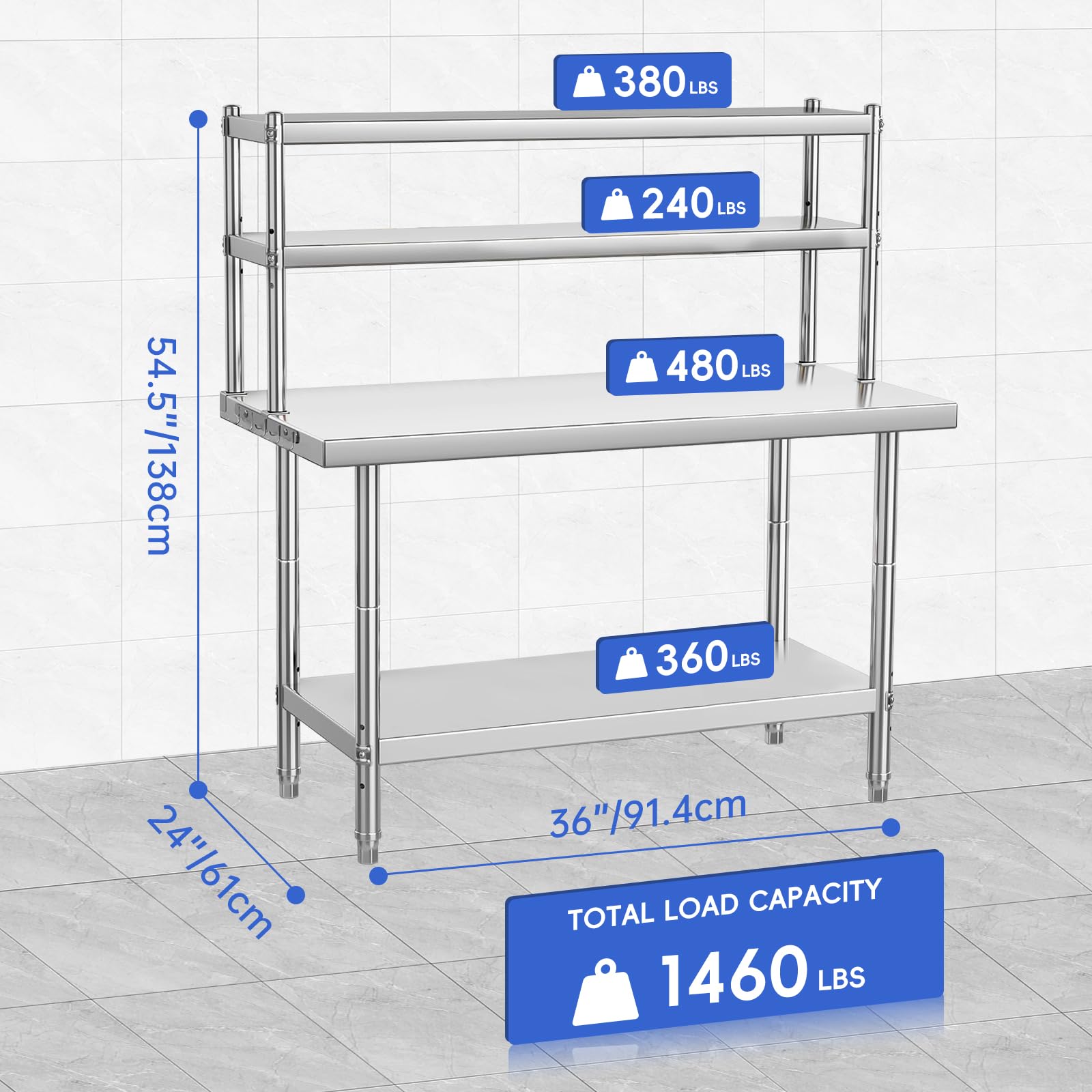 36 x 24 Inches Stainless Steel Work Table with Overshelves, NSF Heavy Duty Commercial Food Prep Worktable with Adjustable Shelf & Hooks for Kitchen Prep Work