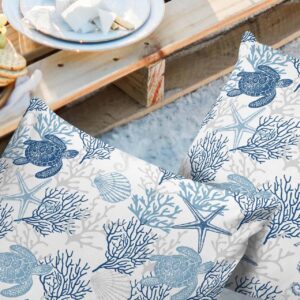 Sea Turtle Outdoor Waterproof Pillow Covers,Nautical Blue Coral Decorative Throw Pillow Covers,Starfish Shell Seahorse Cushion Case for Patio Tent Bed Sofa Living Room Marine Life on White Pillowcase