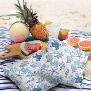 Sea Turtle Outdoor Waterproof Pillow Covers,Nautical Blue Coral Decorative Throw Pillow Covers,Starfish Shell Seahorse Cushion Case for Patio Tent Bed Sofa Living Room Marine Life on White Pillowcase