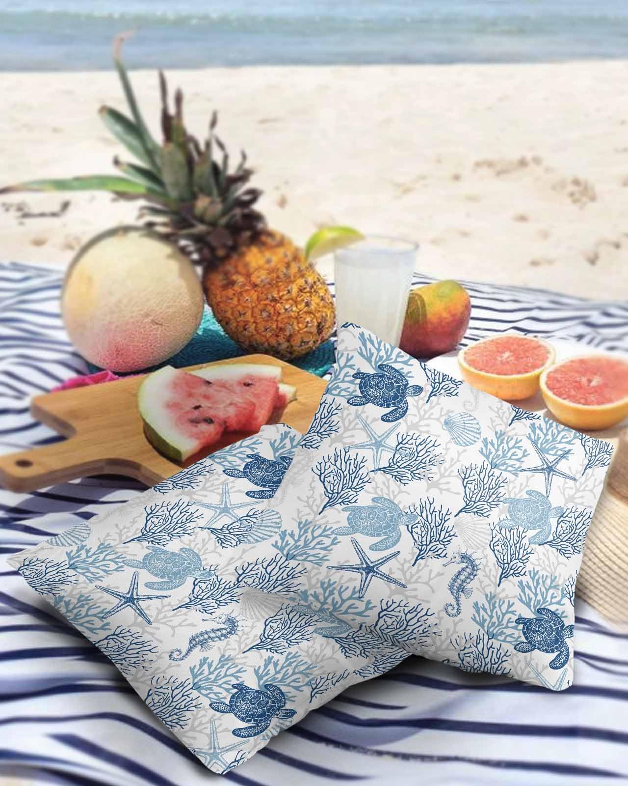 Sea Turtle Outdoor Waterproof Pillow Covers,Nautical Blue Coral Decorative Throw Pillow Covers,Starfish Shell Seahorse Cushion Case for Patio Tent Bed Sofa Living Room Marine Life on White Pillowcase