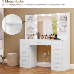 FIONESO Large Makeup Vanity, 43.3" Vanity Desk with Mirror and Lights, Makeup Vanity Table with 7 Drawers, 4 Shelves, 5 Jewel Hooks & Power Strip, Vanity Desk Set for Bedroom, White