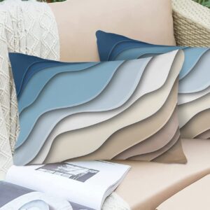 MUSWEDSEP Blue Stripe Outdoor Pillow Covers Pack of 2,Ocean Beach Modern Geometric Waterproof Throw Pillow Cover,Brown Gradient Water Ripple Decorative Cushion Case for Patio Garden Couch Sofa