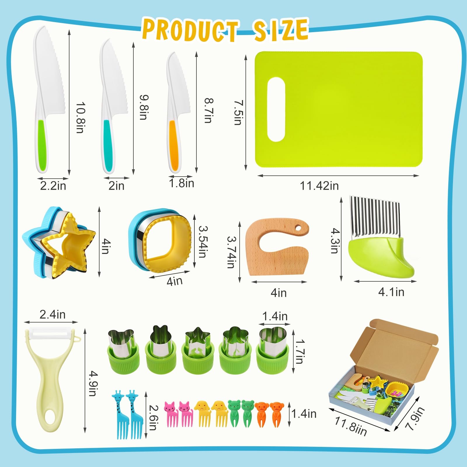 Baokcotei 24 Pieces Kids Montessori Tool Kitchen Knife Set for Cooking and Baking Toddler Wooden Knives Cutting Board Fruit Vegetable Sandwich Bento Box Gifts for Girls & Boys