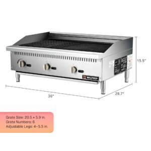 WILPREP Gas Countertop Radiant Charbroiler, 36 in Commercial Radiant Charbroiler with 3 35000 BTU U-Shaped Burners & 6 Cast Iron Grates, NG LPG Compatible Gas Charbroiler for Home Commercial Kitchen