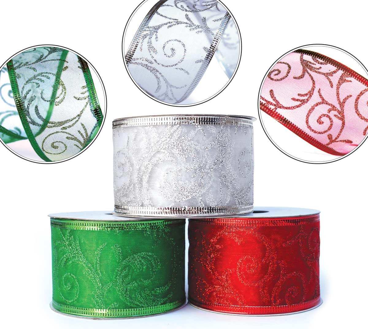 Christmas Ribbon for Gift Wrapping Green & Red Wired Ribbons Silver Sheer Wire Organza Set Present Wrap Around, Xmas Tree Decor Crafts Floral Arrangement Supplies & Decoration 50 Yards