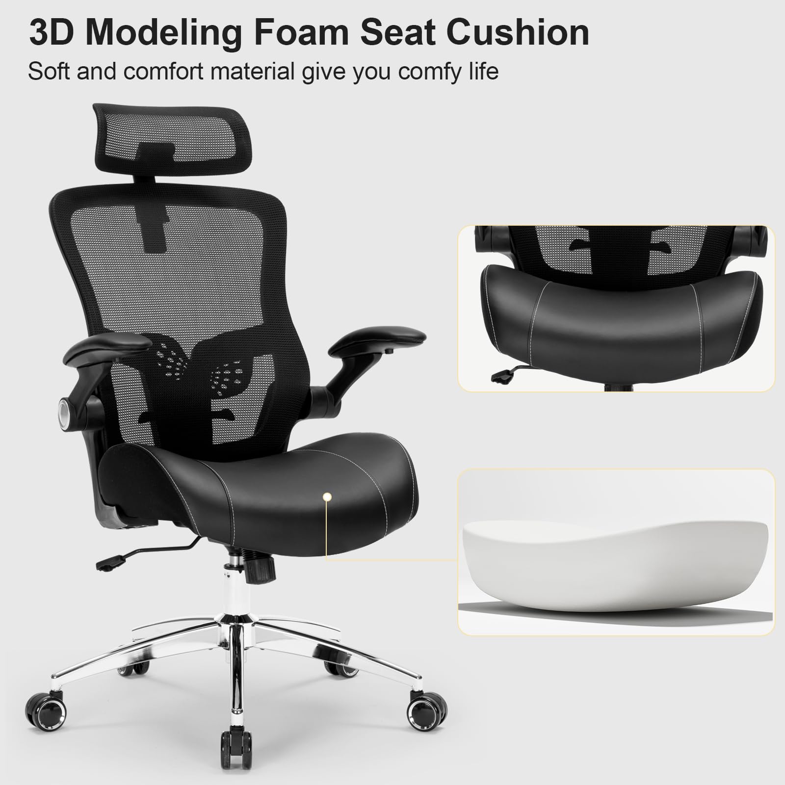 Luckyear Big and Tall Office Chair, 400lbs Heavy Duty Ergonomic Desk Chair with Soft 3D Modeling Foam Cushion Home Office Desk Chairs with Adjustable Headrest Seat Height Executive Computer Task Chair