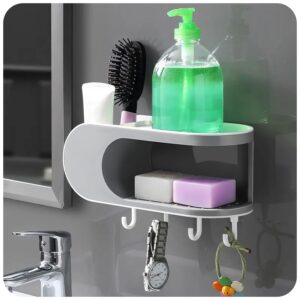 decadom small shower caddy adhesive storage organizer durable bath space-saving design with 4 removable hooks ideal for sponge and shelving decor, washroom and kitchen essential, color gray