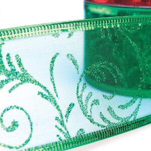 Christmas Ribbon for Gift Wrapping Green & Red Wired Ribbons Silver Sheer Wire Organza Set Present Wrap Around, Xmas Tree Decor Crafts Floral Arrangement Supplies & Decoration 50 Yards