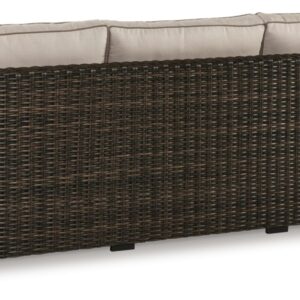 Signature Design by Ashley Coastline Bay Casual Weather Resistant Outdoor Sofa with Cushion and 4 Throw Pillows, Beige & Dark Brown