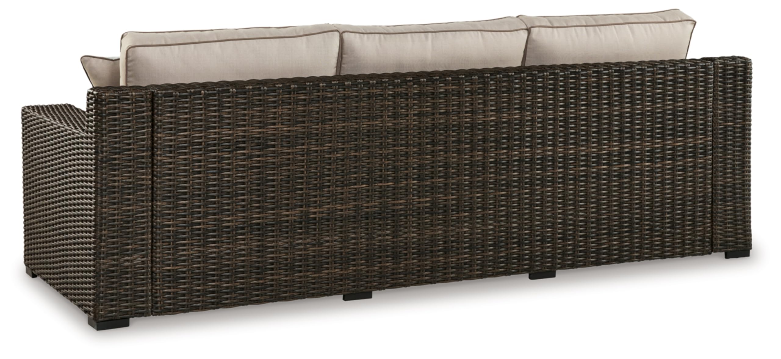 Signature Design by Ashley Coastline Bay Casual Weather Resistant Outdoor Sofa with Cushion and 4 Throw Pillows, Beige & Dark Brown