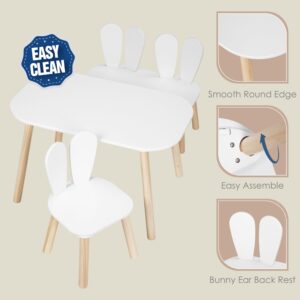 UTEX Kids Table and Chair Set, Toddler Table with Bunny Chair and Bench, 3 Pieces Wooden Children Table for Kids Room, Classroom, Nursery, White