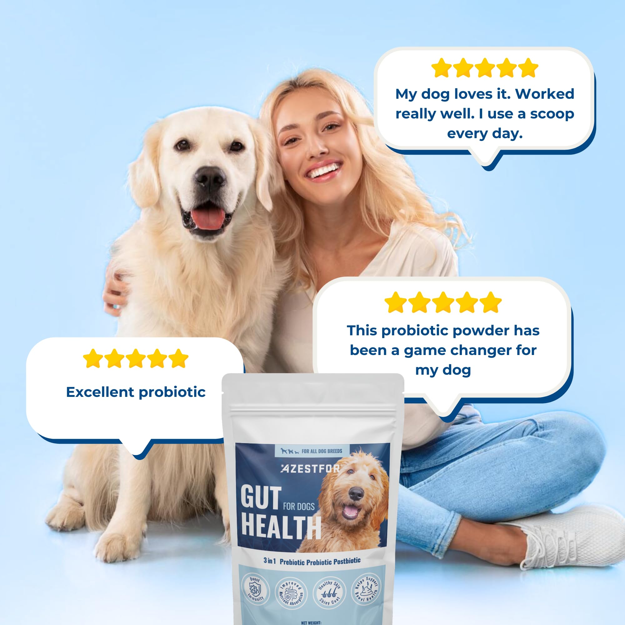 Gut Health for Dogs | 3 in 1 Prebiotic Probiotic Postbiotic | Supports Digestive Health, Anti Diarrhea | Puppy to Senior Dog | Powder 60 g