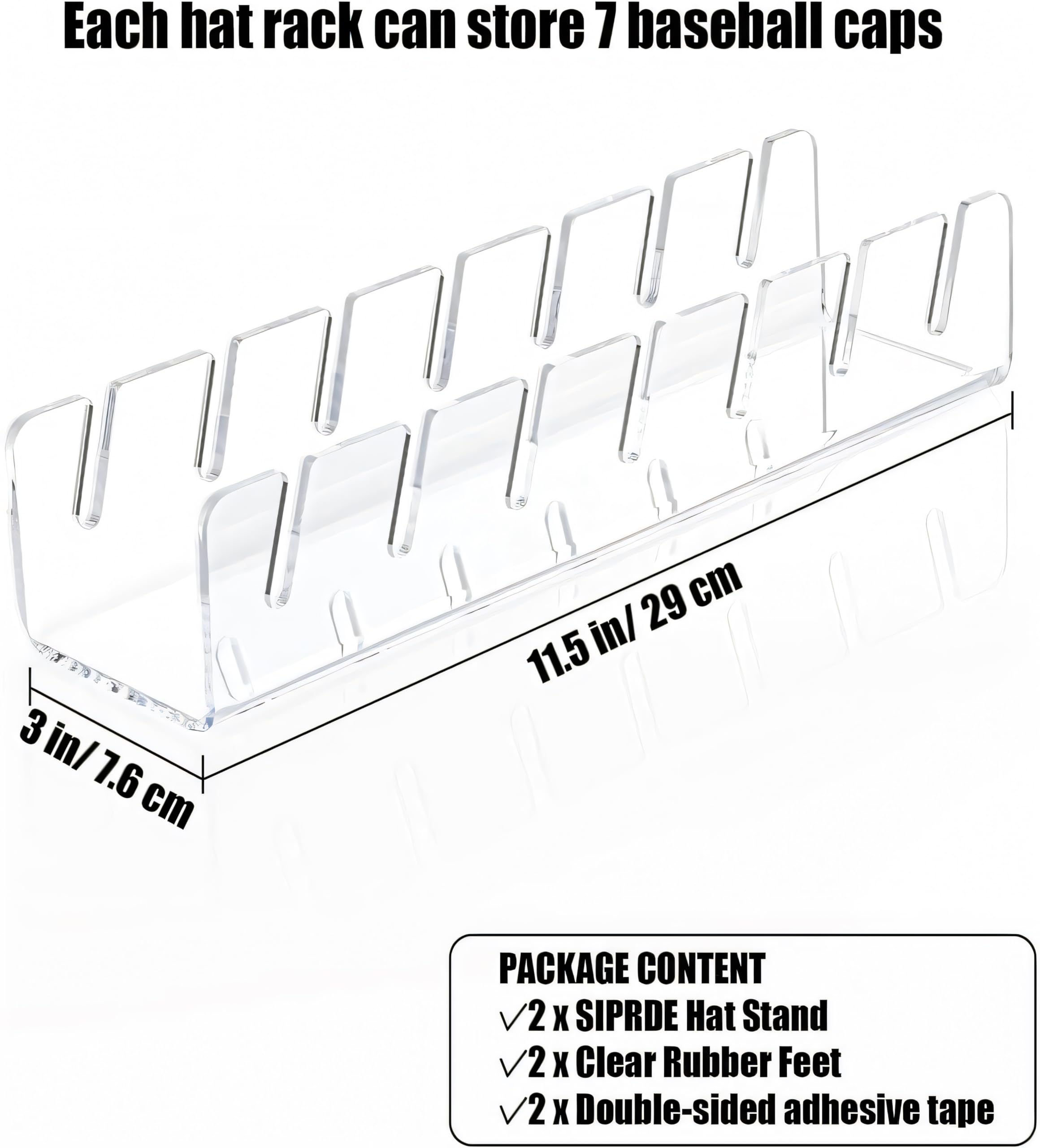 ABMISKAT 2 Pack Hat Organizer for Baseball Caps No Install - Acrylic Hat Holder Display and Organizer for 14 Baseball Caps for Bedroom, Closet, Dresser (Clear)