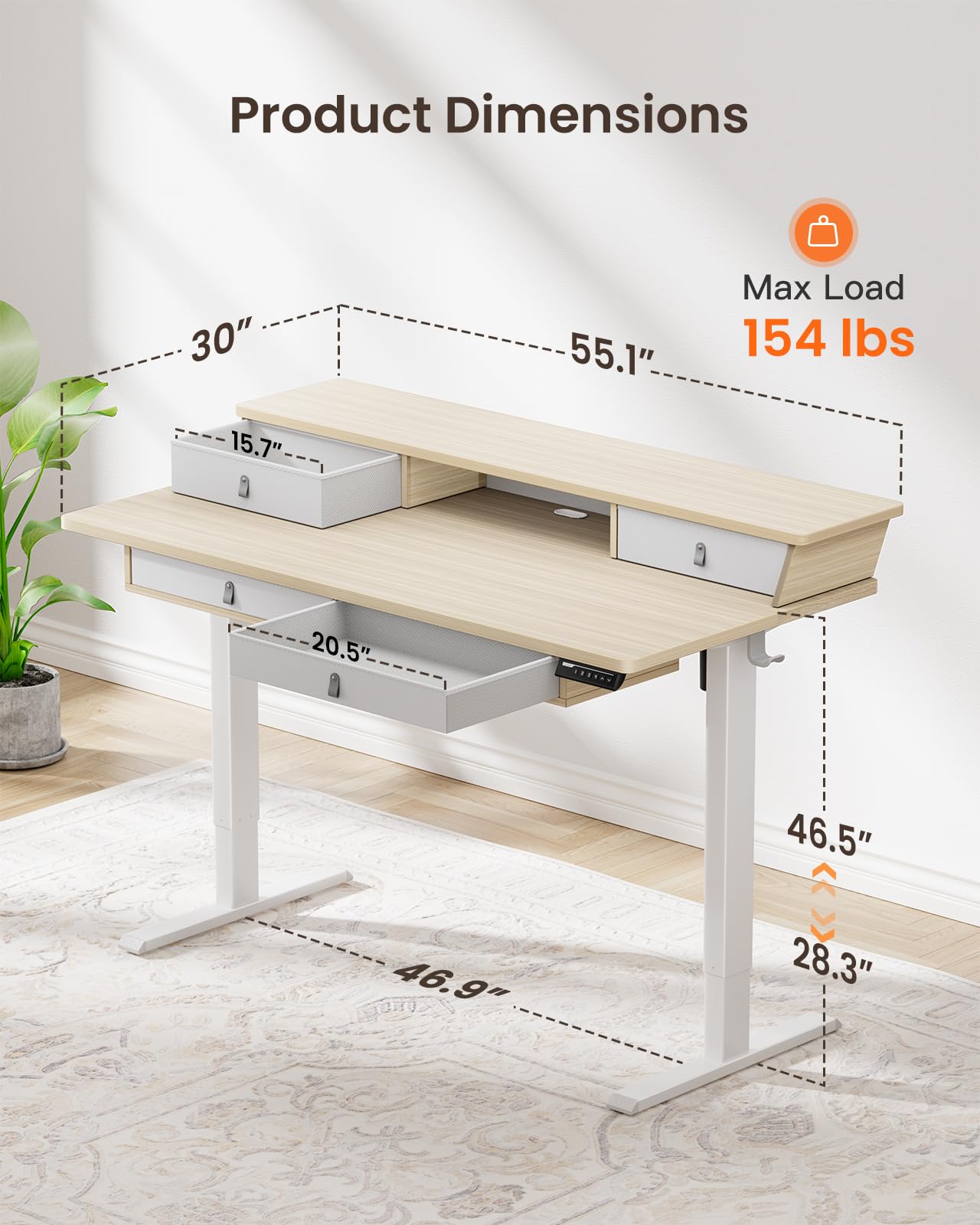 ErGear Standing Desk with Drawers, 55 x 30 Inches Height Adjustable Desk with Storage, Electric Sit Stand Desk, 4 Memory Preset Computer Home Office Desk with Cable Management Tray, Natural