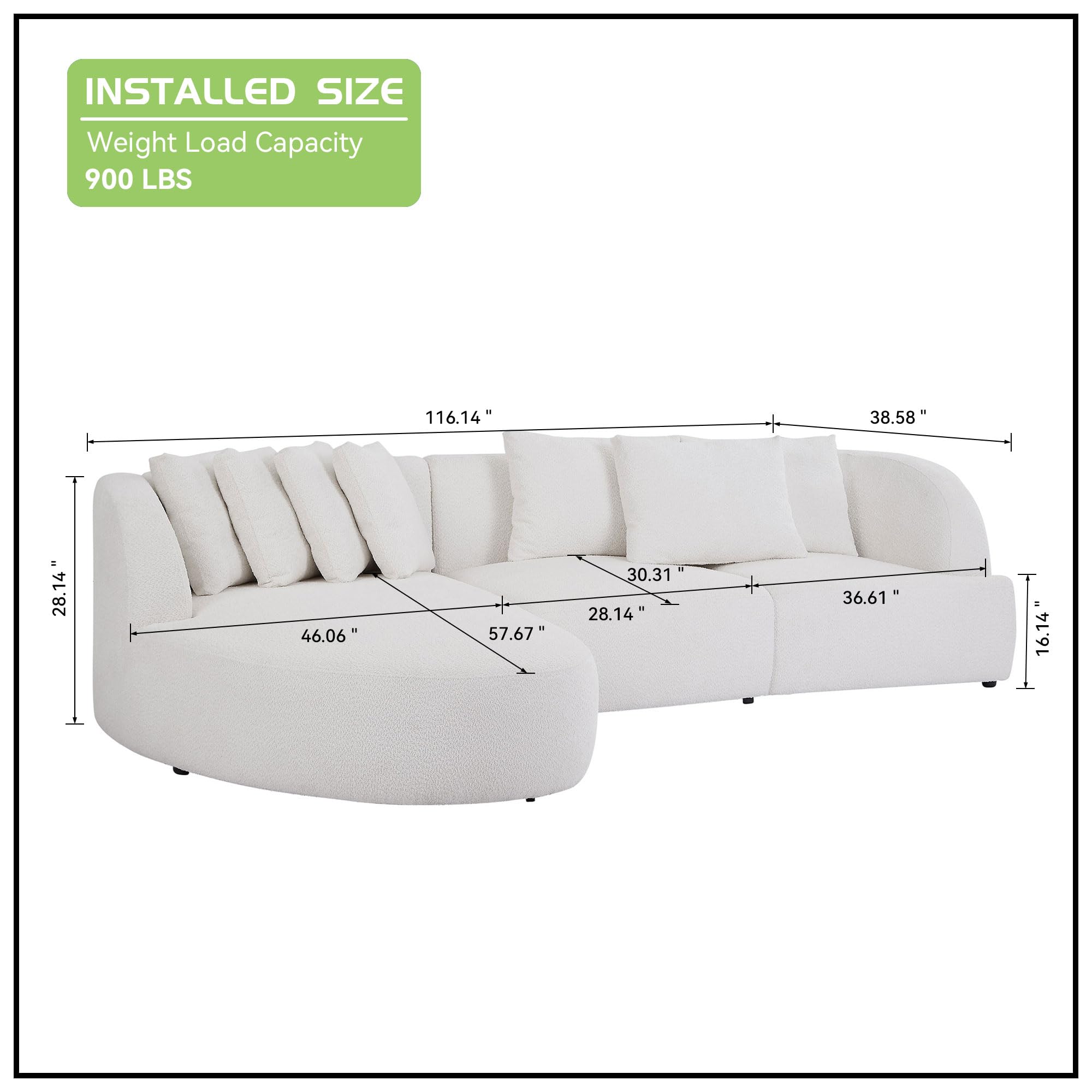 KEVINSPACE 116.14" Modern Sofa Couch Curved Sofa Cloud Couch Sectional Sofa Corner Sofa for Living Room Mid-Century Comfy 5-Seater Sofa Deap Seat Sectional Sofá with 7 Pillows Beige Left Hand Facing