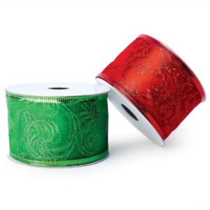 Christmas Ribbon for Gift Wrapping Red Wired Ribbons Green Sheer Wire Organza Set Present Wrap Around, Xmas Tree Decor Crafts Floral Arrangement Supplies & Decoration 30 Yards x 2 in Wide Each