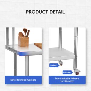 36 x 24 Inches Stainless Steel Work Table with Overshelves, NSF Heavy Duty Commercial Food Prep Worktable with Adjustable Shelf & Hooks for Kitchen Prep Work