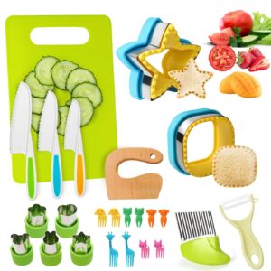 baokcotei 24 pieces kids montessori tool kitchen knife set for cooking and baking toddler wooden knives cutting board fruit vegetable sandwich bento box gifts for girls & boys