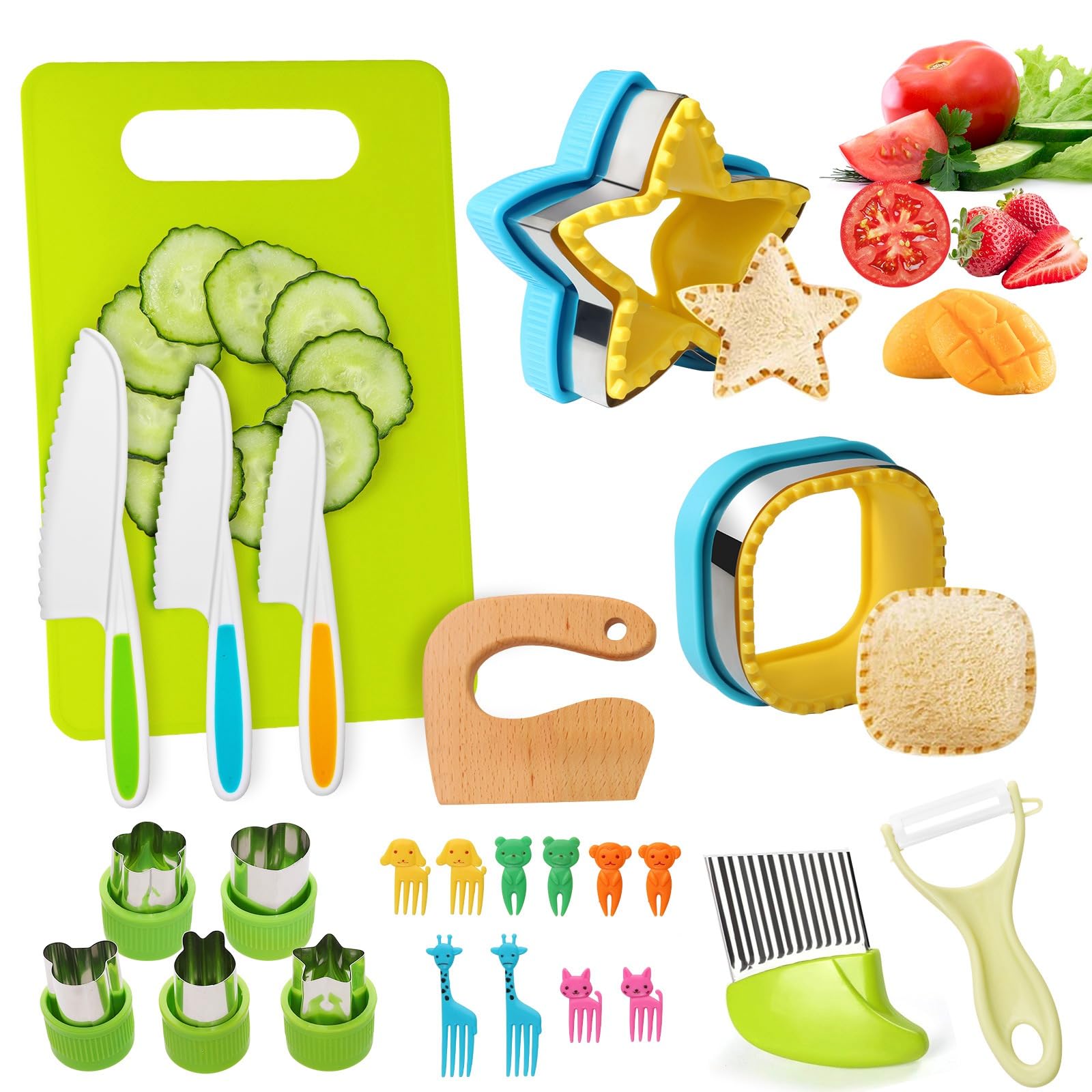 Baokcotei 24 Pieces Kids Montessori Tool Kitchen Knife Set for Cooking and Baking Toddler Wooden Knives Cutting Board Fruit Vegetable Sandwich Bento Box Gifts for Girls & Boys