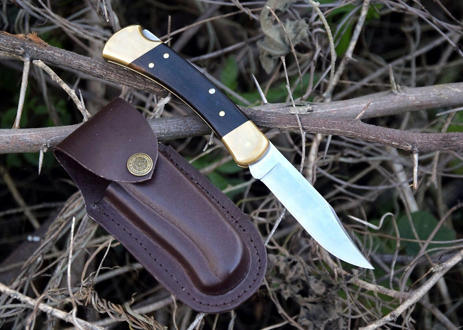 Custom Handmade Leather Genuine Vertical and Horizontal Sheath Folding Pocket Knife Buck 110