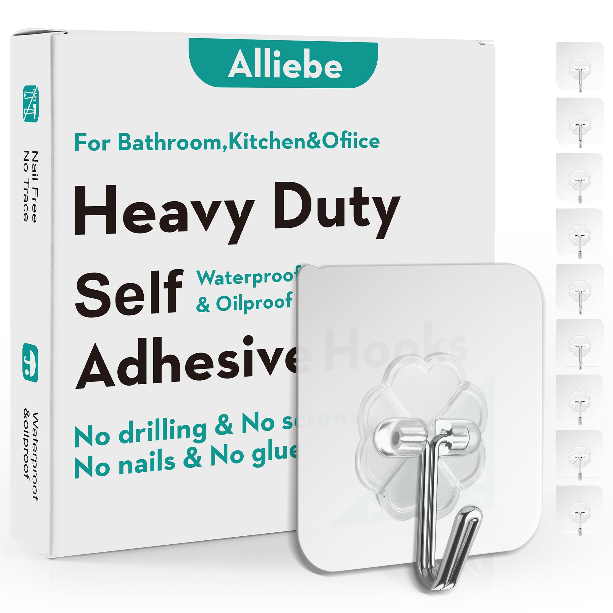 Alliebe 30 Pack Wall Heavy Duty 13lb(Max) Self Adhesive Hooks Waterproof Oilproof Hanging Hooks for Bathroom Shower Kitchen Office Outdoor Home Improvement Utility Hook