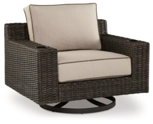 signature design by ashley coastline bay casual outdoor swivel lounge with cushion and 2 cup holders, beige & dark brown