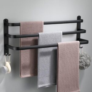 towel rails wall mounted with 2 hooks space aluminum towel rack bathroom,drilling and no drilling towel holder for bathroom hotel kitchen black 3 layer 80cm