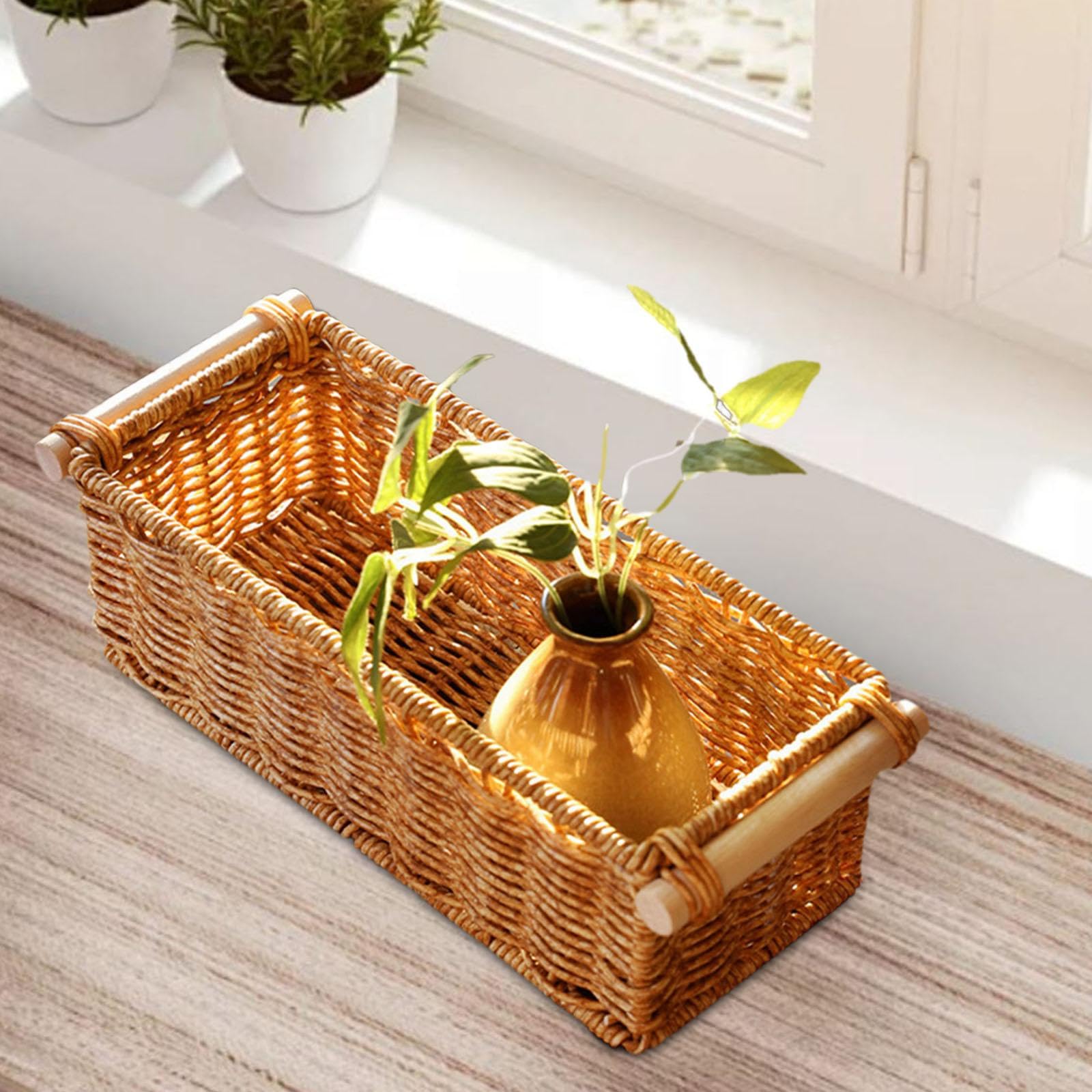 IEUDNS Imitation Rattan Storage Basket Woven Baskets Long Narrow Organizer Decorative for Organizing for Bar Coffee Table Bedroom, S