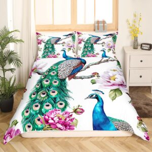 castle fairy colorful peacock duvet cover set twin size tropical wildlifes bedding set 2pcs for kids room decor pink purple flowers comforter cover wild birds animal quilt cover,1 pillowcase