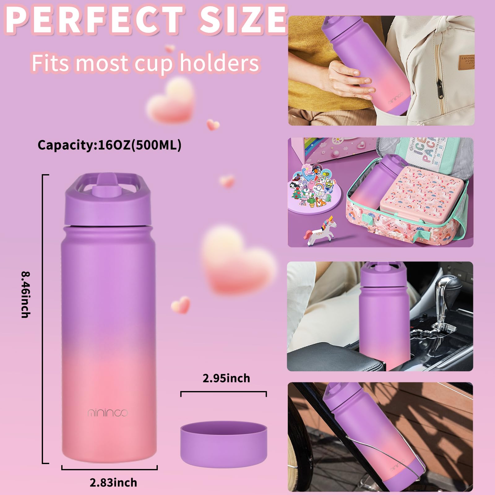 Mininoo Insulated Kids Water Bottle, 16oz Stainless Steel Water Bottle Kids with Paracord Handle for Girls, Boys（Purple/Pink）