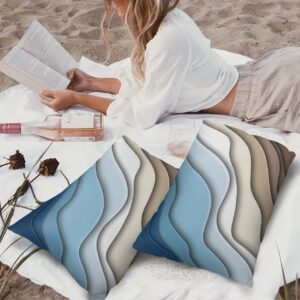 MUSWEDSEP Blue Stripe Outdoor Pillow Covers Pack of 2,Ocean Beach Modern Geometric Waterproof Throw Pillow Cover,Brown Gradient Water Ripple Decorative Cushion Case for Patio Garden Couch Sofa