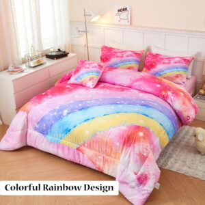 ANGIYUIN Rainbow Twin Size Comforter Set for Girls 6 Pieces Sparkle Tie Dye Pink Girls Bedding Comforter Sets Galaxy Kids Bed Comforter Sets Gradient Glitter Soft Bed in A Bag with Sheets