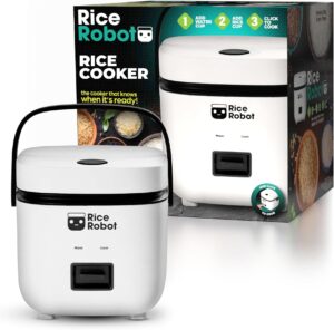 rice robot personal rice cooker, pfas-free, nonstick. 1 quart capacity, with stainless steel steamer tray, measuring cups, recipe book with 60 recipes, and serving spoon, as seen on tv