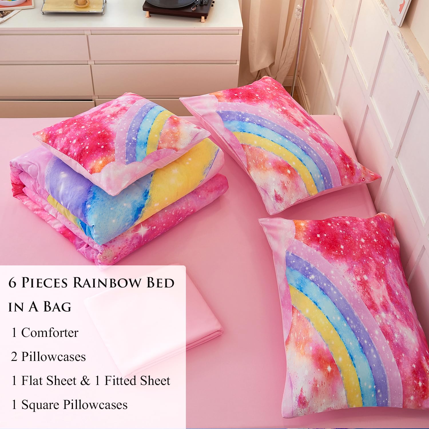 ANGIYUIN Rainbow Twin Size Comforter Set for Girls 6 Pieces Sparkle Tie Dye Pink Girls Bedding Comforter Sets Galaxy Kids Bed Comforter Sets Gradient Glitter Soft Bed in A Bag with Sheets