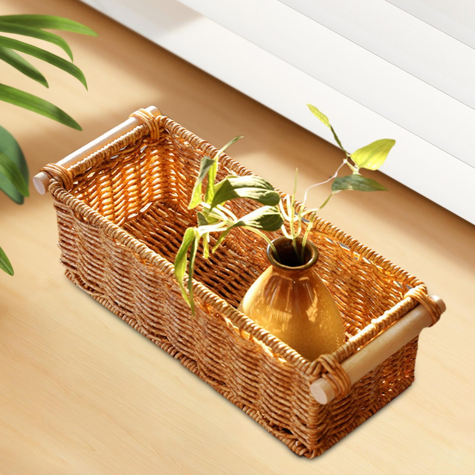 IEUDNS Imitation Rattan Storage Basket Woven Baskets Long Narrow Organizer Decorative for Organizing for Bar Coffee Table Bedroom, S