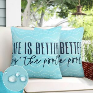 adabana blue outdoor waterproof throw pillow covers 18x18 inch set of 2 decorative porch pillows cover for patio furniture garden, life is better by the pool