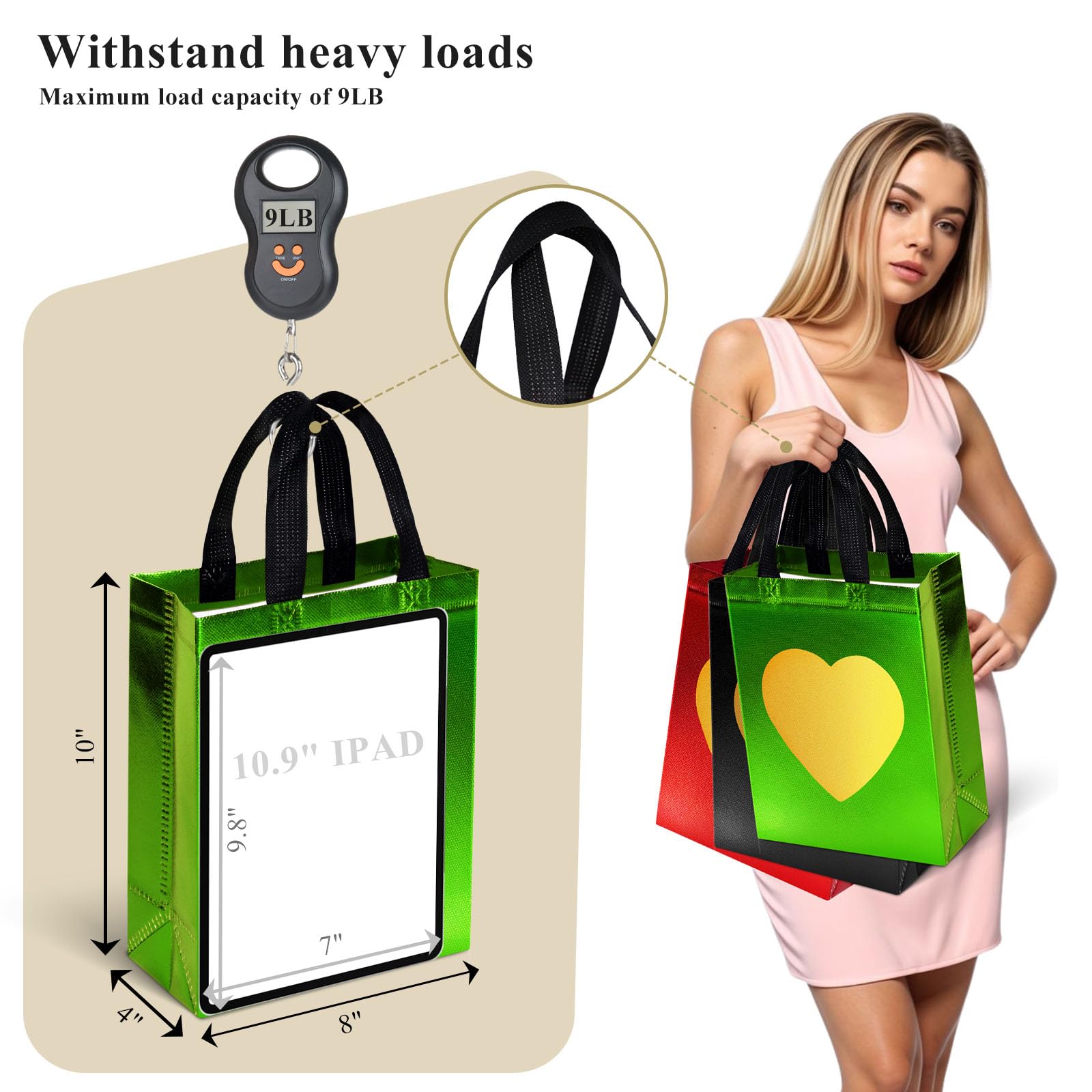 MCPINKY 15PCS Gift Bags with Handles, Green Non-woven Bags with Shiny Gold Heart Reusable Gift Bags Medium Size Party Favor Bags for Birthday Wedding Party Favors