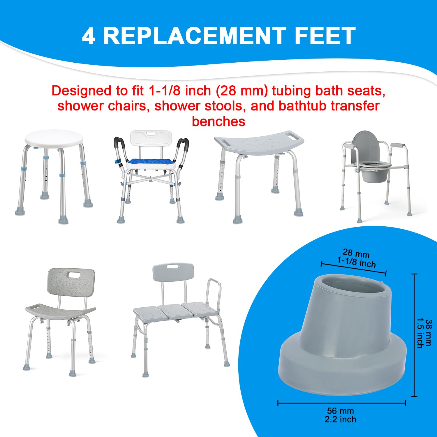 supregear Shower Chair Leg Caps - Heavy Duty Replacement Feet for Shower Chair Bath Seat, 1-1/8" I.D. Slope Rubber Tips for Shower Stools Transfer Bench Non-Slip Extreme Grip Suction Cup Feet, 4PK