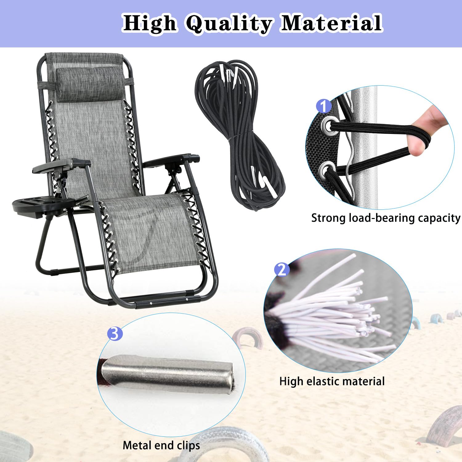 Zero Gravity Chair Replacement Fabric with Bungee Cord Kit, 17 Inch Wide Repair Cloth with Replacement Cord for Anti Gravity Chairs Outdoor Recliner Patio Lounge Chair Lawn Beach Sling Chair, Grey