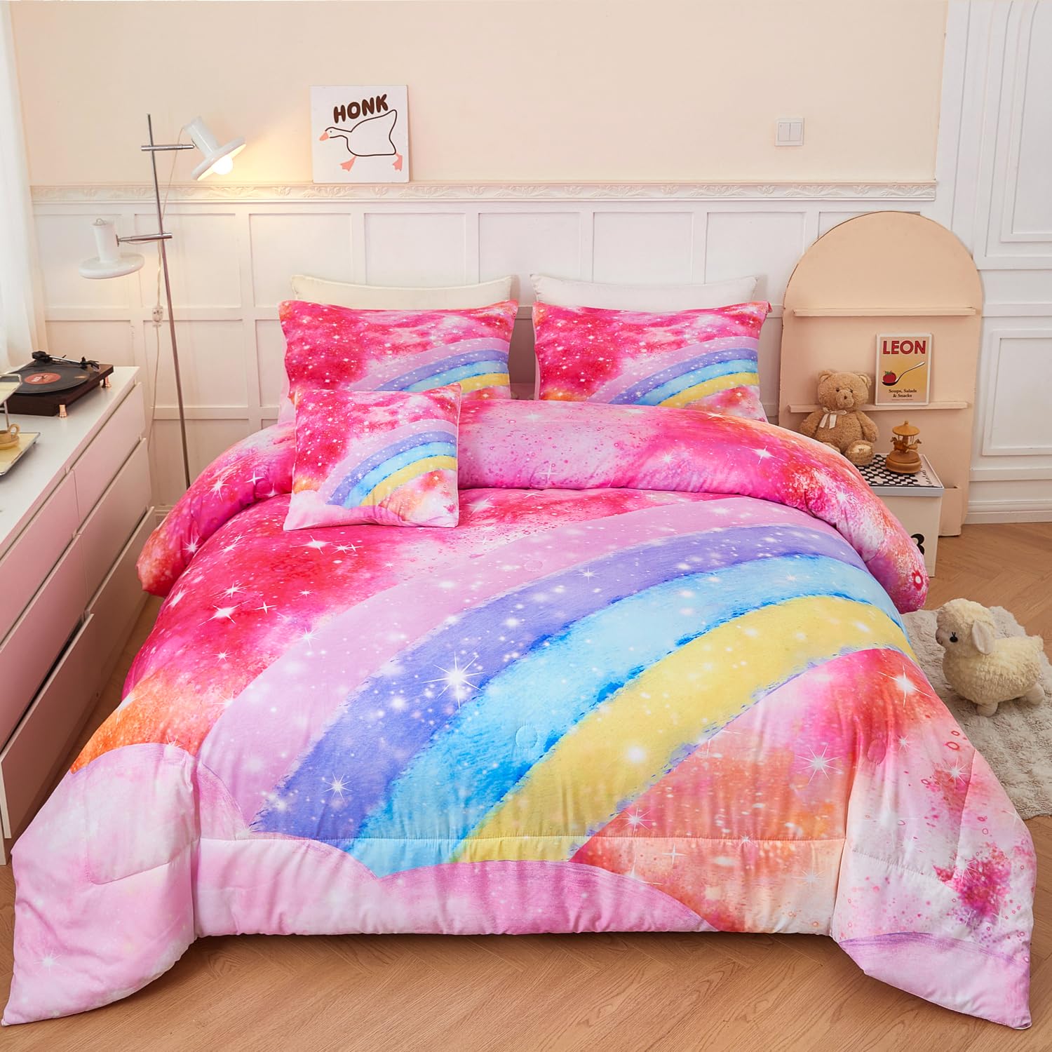 ANGIYUIN Rainbow Twin Size Comforter Set for Girls 6 Pieces Sparkle Tie Dye Pink Girls Bedding Comforter Sets Galaxy Kids Bed Comforter Sets Gradient Glitter Soft Bed in A Bag with Sheets