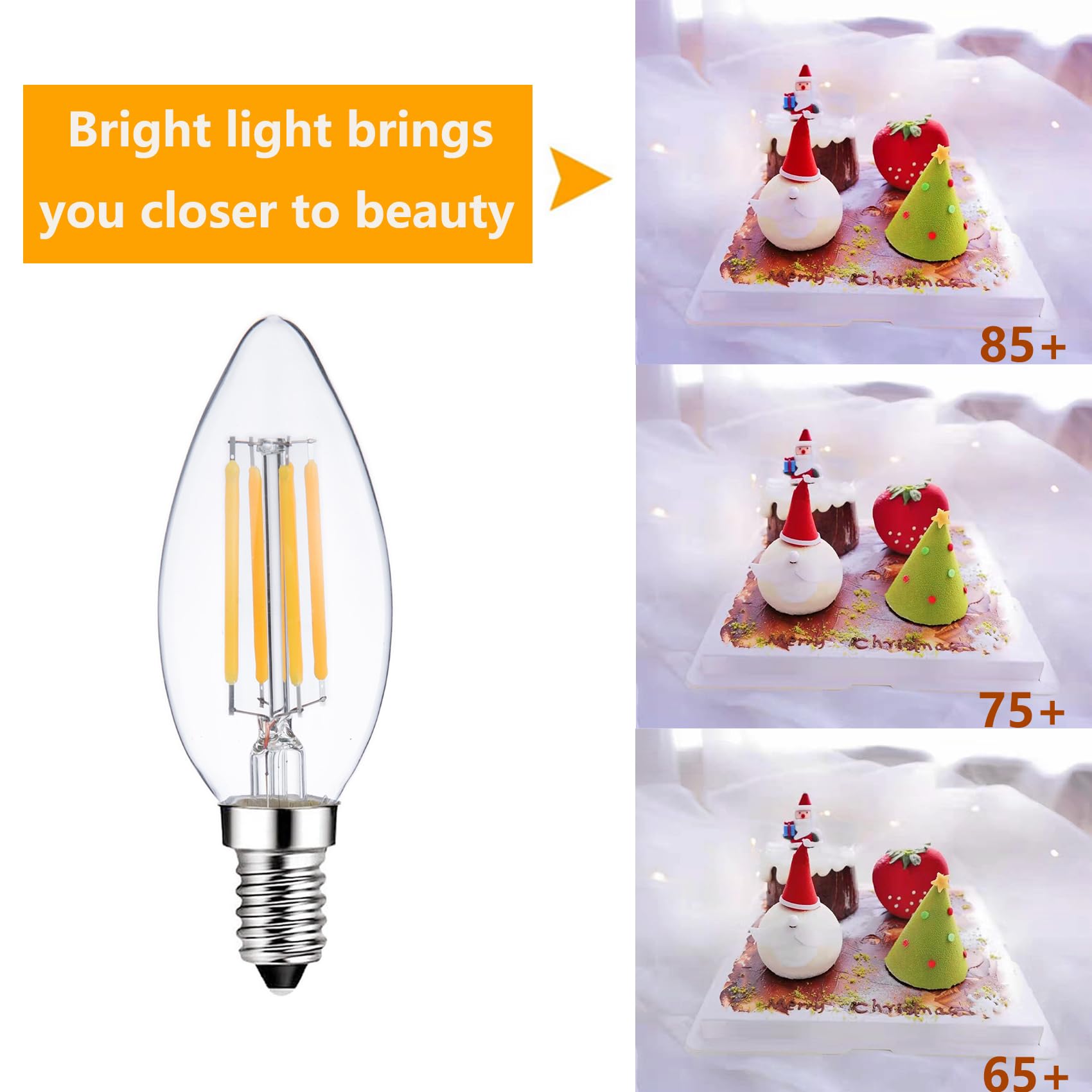 Sunaiony E14 Light Bulb 40 Watt Equivalent Dimmable Candle Bulb 2700K Warm White, Candelabra LED E14 European Light Bulbs, 6 Pack