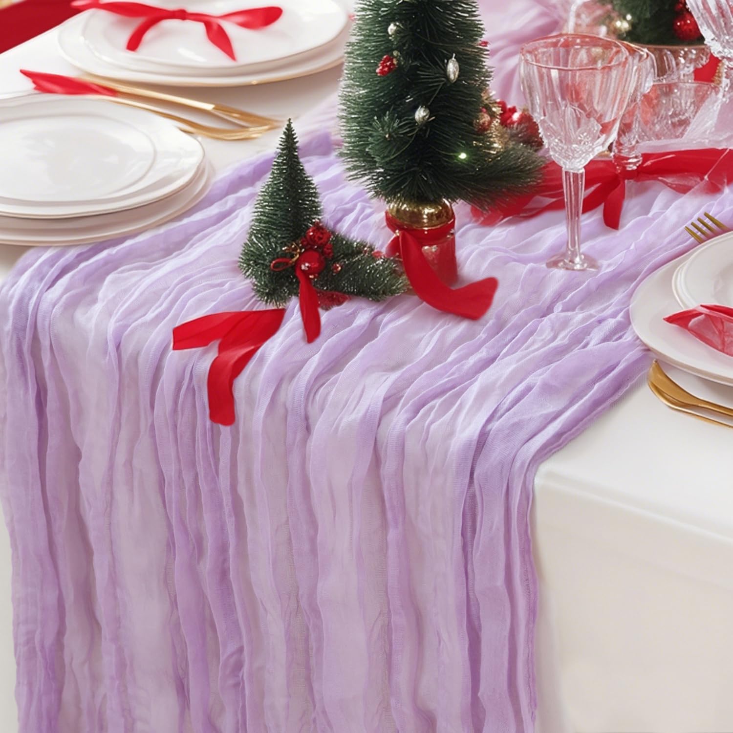 Sioloc 1 Pack Lavender Cheesecloth Table Runner,10ft Purple Table Runner,Boho Romantic Lilac Gauze Table Runner,Cheese Cloth Long Table Runner for Wedding Party ,Table Decorations