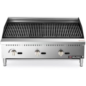 WILPREP Gas Countertop Radiant Charbroiler, 36 in Commercial Radiant Charbroiler with 3 35000 BTU U-Shaped Burners & 6 Cast Iron Grates, NG LPG Compatible Gas Charbroiler for Home Commercial Kitchen