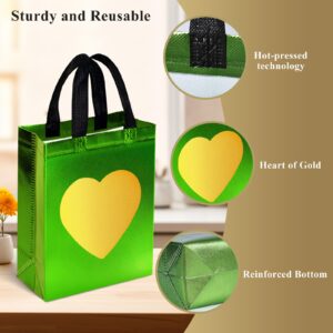 MCPINKY 15PCS Gift Bags with Handles, Green Non-woven Bags with Shiny Gold Heart Reusable Gift Bags Medium Size Party Favor Bags for Birthday Wedding Party Favors