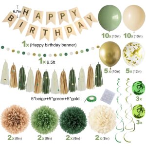 Green Birthday Party Decorations for Women Girls with Happy Birthday Banner,Tissue Paper Pompoms, Paper Tassel,Circle Garland,Hanging Swirl,Birthday Balloons for Party Decor (sage green)