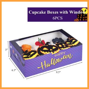 HONEYGIFTS 6 Count Cupcake Boxes, 6PCS Halloween Cupcake Boxes Cupcake Containers with Window Cupcake Holders Bakery Boxes for Holiday Party Supplies, 9.5 x 6.3 x 3 inches Purple