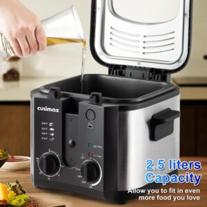 CUSIMAX Electric Deep Fryer for Home Use, 1500W, 2.5 Liter Small Deep Fryer with Basket, Adjustable Temperature & Time, Lid with View Window and Odor Free Filter